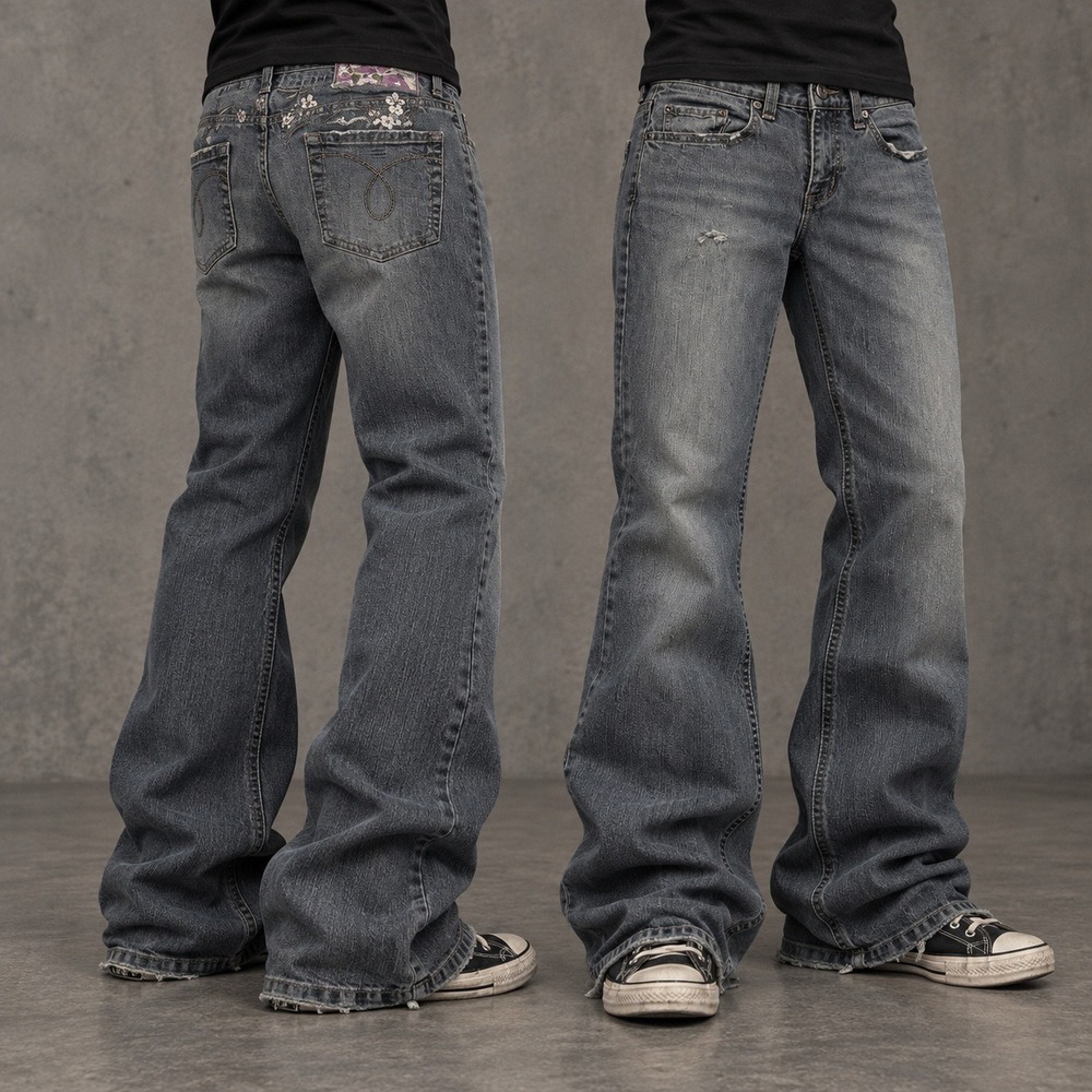 30x32 Blue Embroidered Baggy Bootcut Flared Jeans Y2K